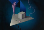 Surrealist painting with a staircase, triangular base, pink cone, pink wire, box, ribbon, on a blue background
