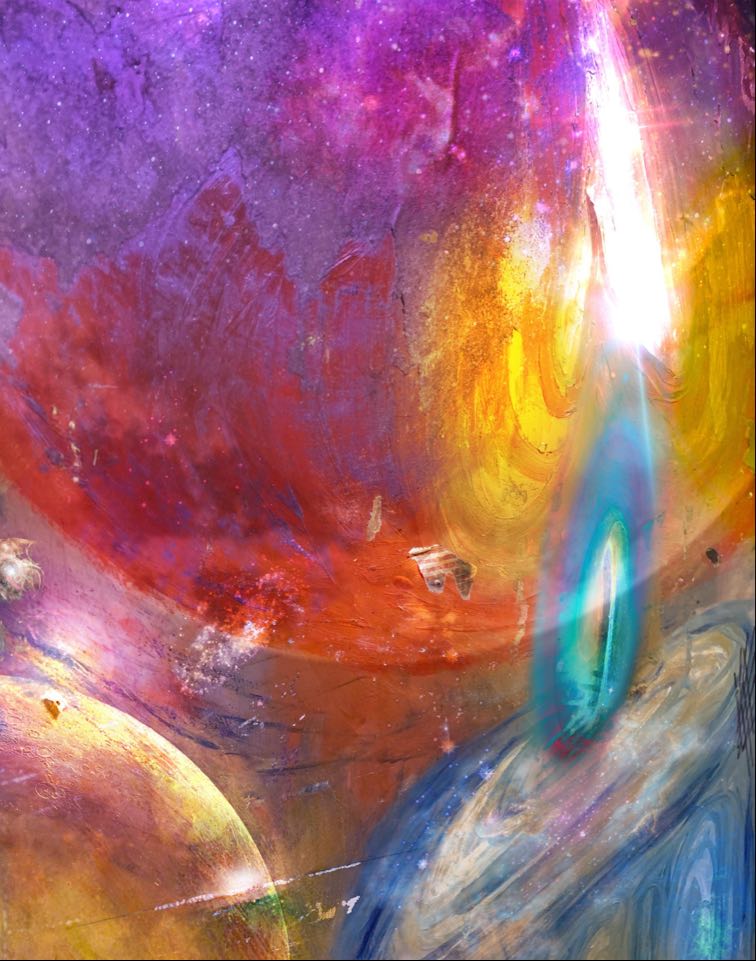 Abstract painting - very brightly colored celestial-like imagery with fragments floating 