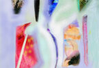 abstract mulit-colored mono print looking like a collage with craps of color floating on a foggy background