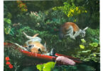 Painting of a verdant bank by water. Two kangaroos are in the picture, one is about to drink from the water, another is on itd back in a canoe which had been drawn half out of the water onto the bank.