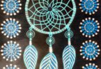 Drawing of a blue dream catcher surrounded by blue circular designs on a black background.