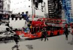 Digital images of a street of London overlaid. There is a red double decker bus, pedestrians, cars and buildings