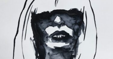 Self portrait in black watercolor. head and shoulders with shoulder length hair with bangs shadowing the face