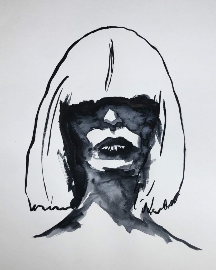 Self portrait in black watercolor. head and shoulders with shoulder length hair with bangs shadowing the face