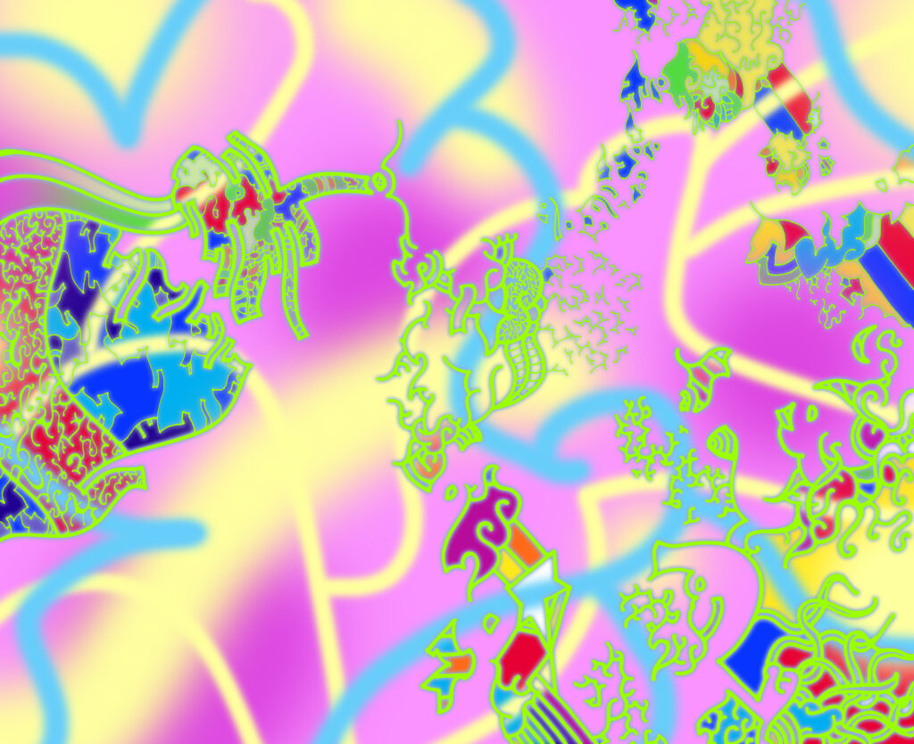 abstract painting with lilac and yellow background, multicolored lines and shapes overlaid .  