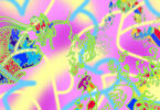 abstract painting with lilac and yellow background, multicolored lines and shapes overlaid .
