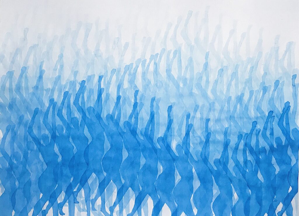 duplicated imagr of a woman with her hands raised, to create a wave effect in blue, becoming paler with each row going back