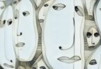 Surrealist painting with many elongated faces with eyes looking sideways .