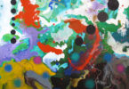 abstract expressionist painting with multi-colored splashes and dots