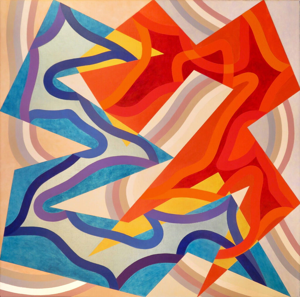 geometric abstract painting with orange, blues, yellow, and various shades of beige amongst other colors