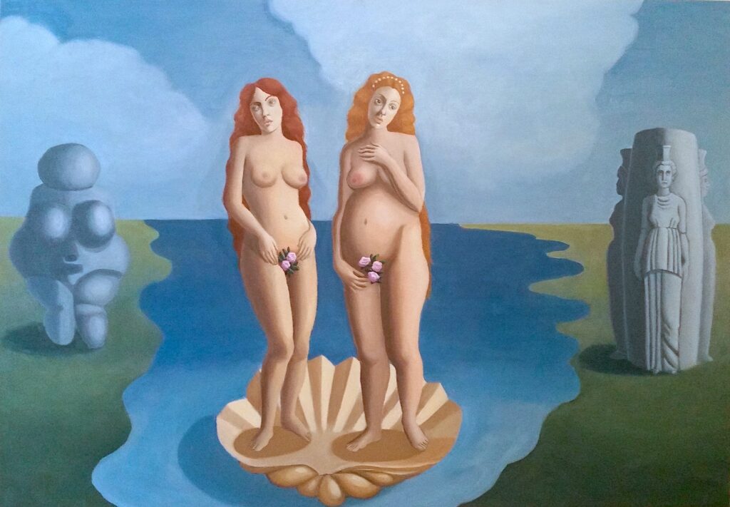 OIl painting of two women in a shell