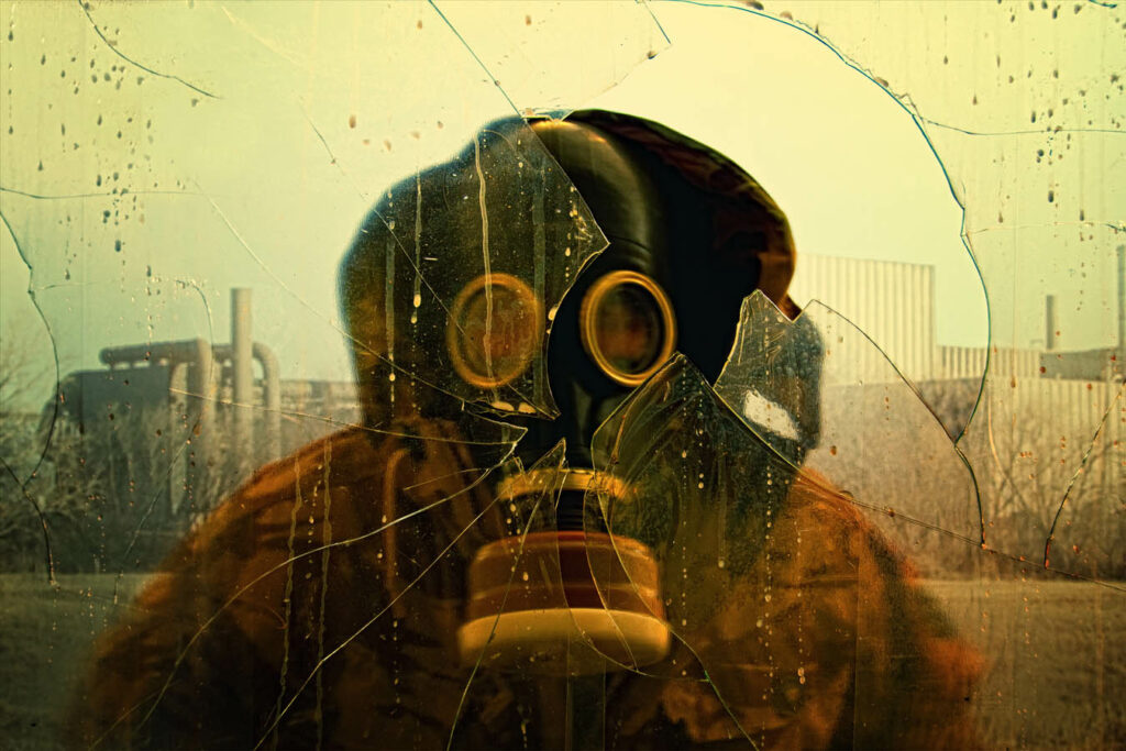 Image of a person wearing a gas mask with an idustrial background, seen through broken glass.