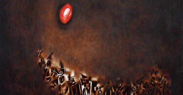Dark abstract oil on canvas painting with a red dot