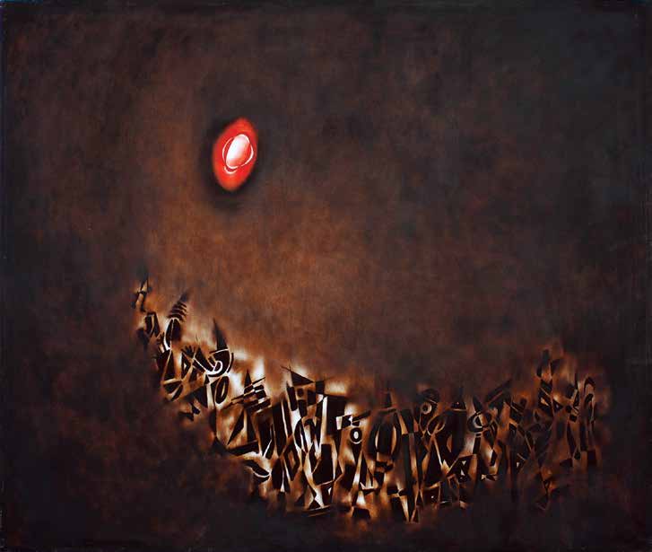 Dark abstract oil on canvas painting with a red dot
