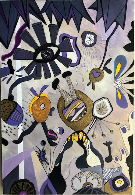 abstract  or surrealist alien imagery
using blues, purples, cream, yellow and brown.  strange creatures and shapes