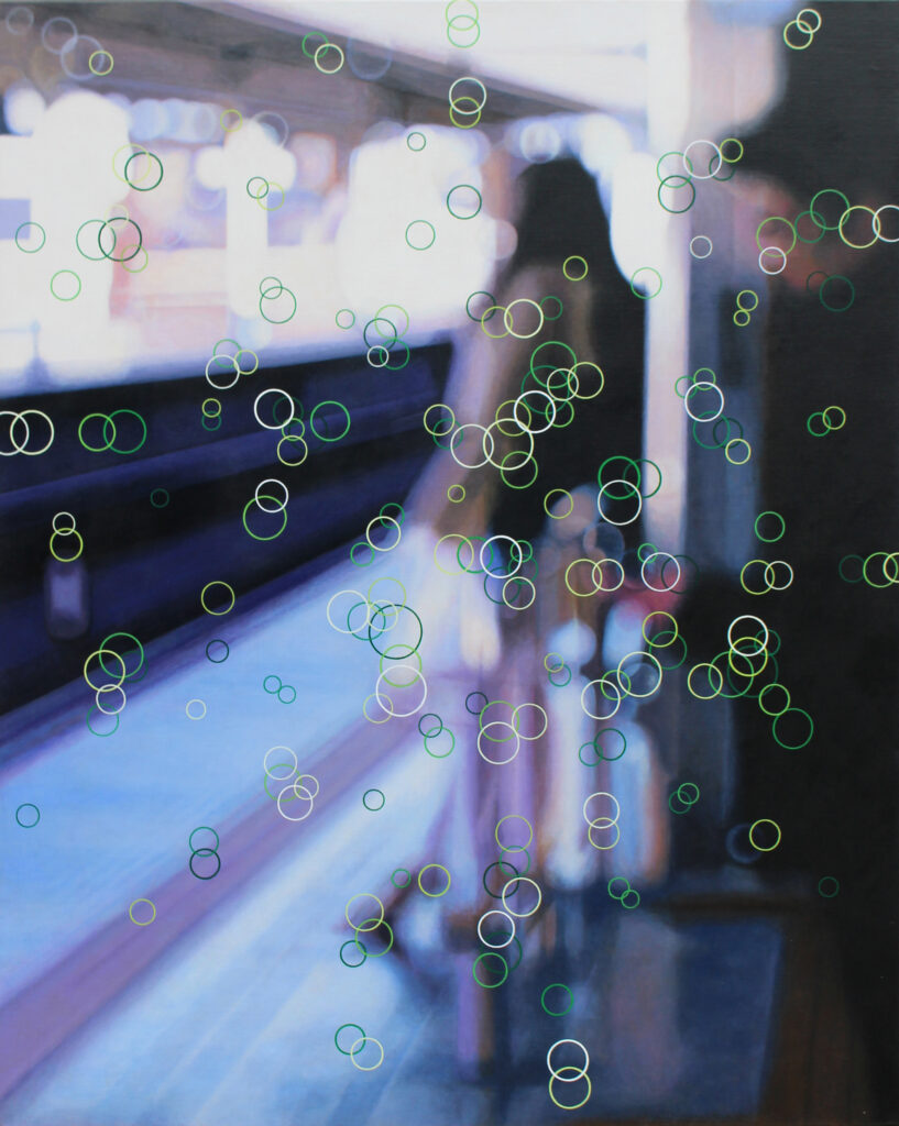 circles looking like bubbles on an opaque screen over an image of a girl standing on a train platform, overlook by another person.