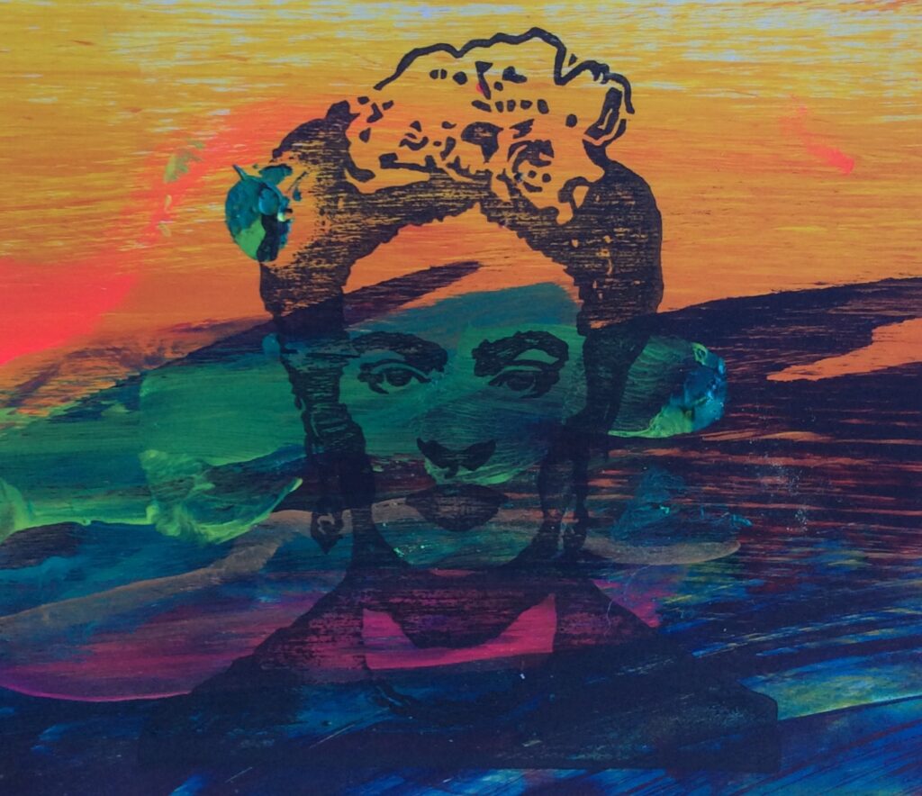 Screen print of Frida Kahlo overlaid with vaguely horizontal swathes of colors that are someone reminsicent of the rainbow.