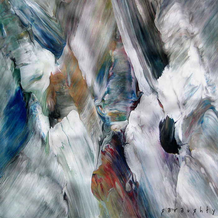 Abstract work of white, blue, black and mixed colors of brushes of paint that look like waterfalls at all different angles.