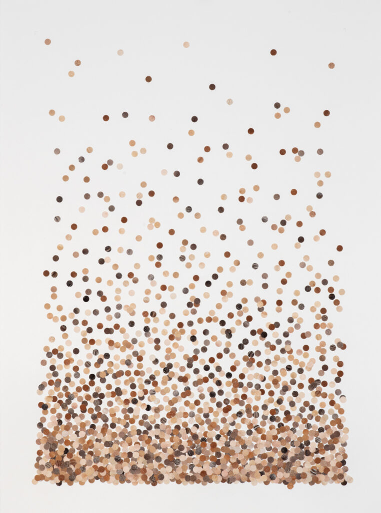 abstract painting of dots in variations of cream to brown.  The dots or dense to the bottom of the painting and then thinning out as it rises to the top, like bubbles in a sparkling wine