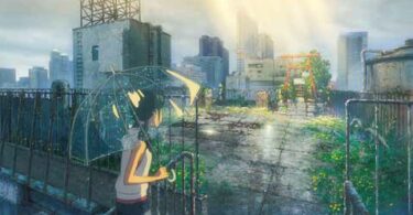 A girl holds an umbrella on a rooftop and looks at a shrine.