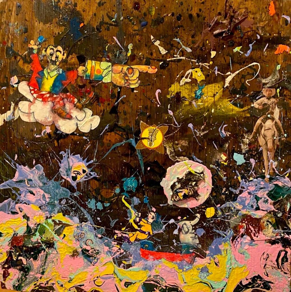 abstract work with many figures in a storm of colors, mainly brown background as a sky and a multi-colored sea at the bottom.  Clown like figure riding a cloud, a michaelangelo-esque pointing had in the sky and many other figures.