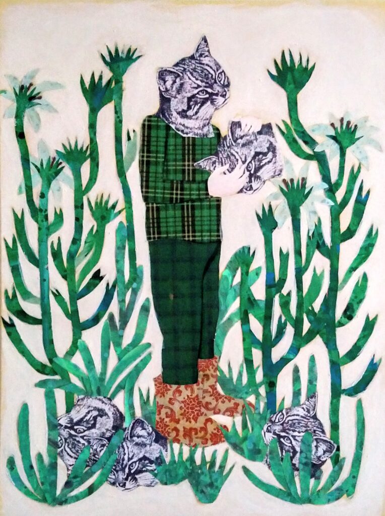 surrealist image of a human like form dressed in green and black plaid with a cat's head, in a forest of cactus like images, holding another cat head.  There are three other cat heads at the feet of the figure.  