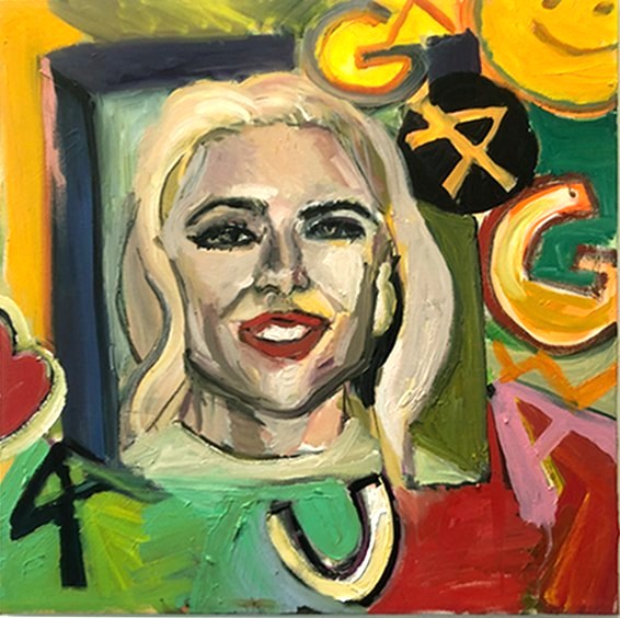 Brightly colored portrait of Lady Gaga. A black frame edge is visible above and to the left of her head. The letters 4 U GAGA are littered below and to the right of her head.