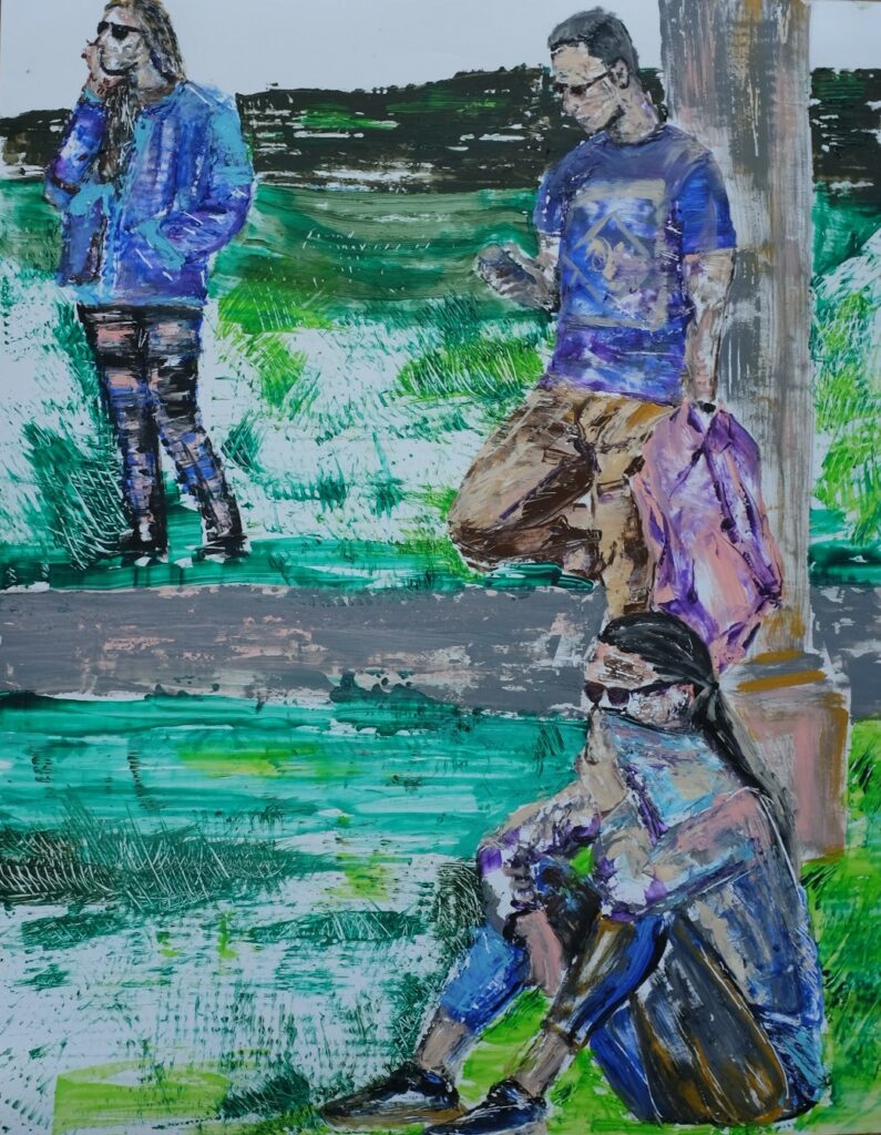 Painting or two people standing and one sitting out of doors.  They are all wearing casual clothes and sunglasses.  