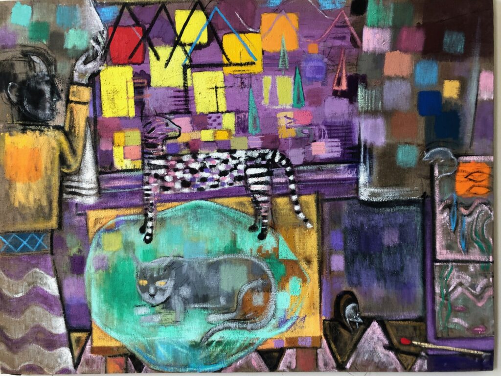 colorful pastel colored scene with cats and a woman in a dress,  on a patterened background