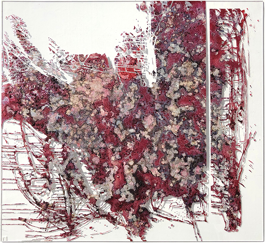 Abstract work in shades of red, black and greys.  Vaguely reminiscint of torn fabric with a flower pattern