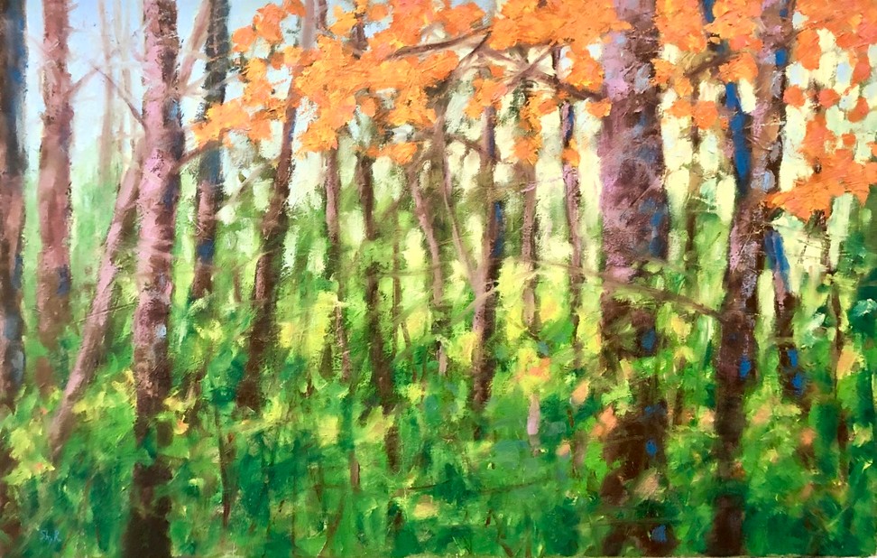 painting of a forest of trees with orange leaves, very green undergrowth and blue skies in the background