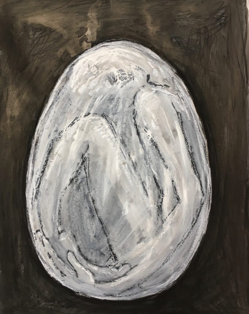 Black and white painting of a human form curled up inside an opaque egg on a dark background.  