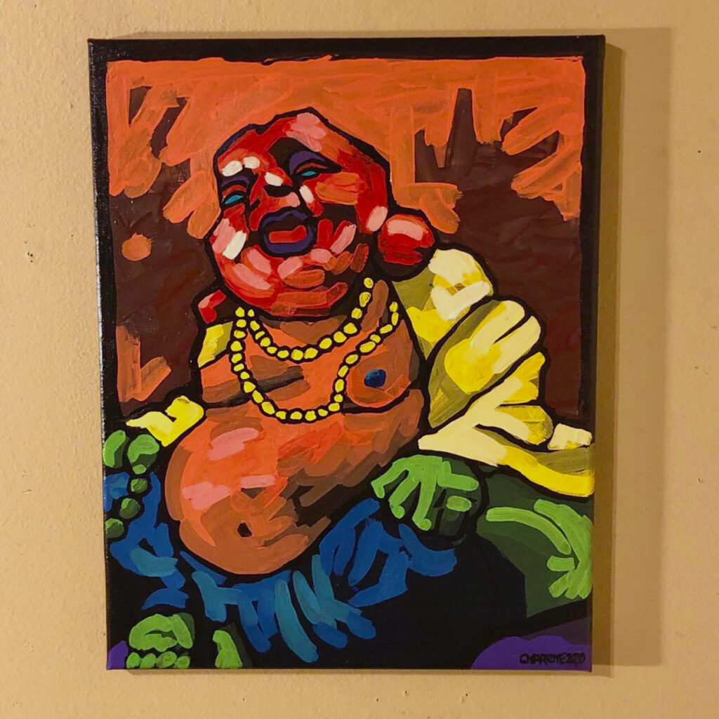 bright painting of a buddah like person with a red bald head, beaded necklae, yellow jacket, blue pants and a large belly
