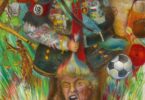 Donald Trump holding a head of Trump with a small man in front of him adorned with the symbols of American Life.