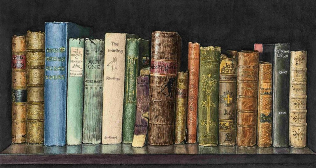 Watercolor of numerous books on a shelf.  