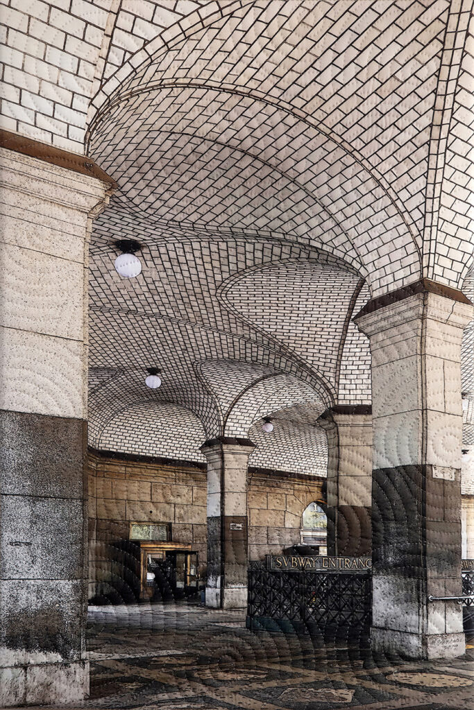 Image of a vaulted room with the word Subway on a sign.  The image has then been quilted