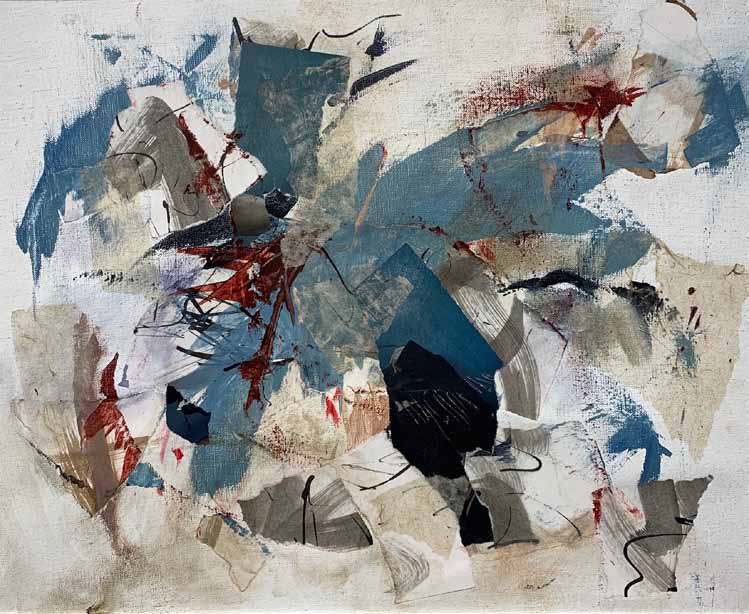 paiting and collage abstract work in blues, browns and blacks