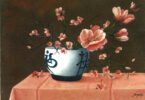 Painting of pink flowers in a blue and white bowl with Chinese-like characters drawn on the bowl, on a tablecloth.