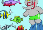 Cartoon elephant wearing scuba gear and a crown next to many fish.