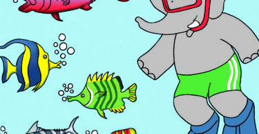 Cartoon elephant wearing scuba gear and a crown next to many fish.
