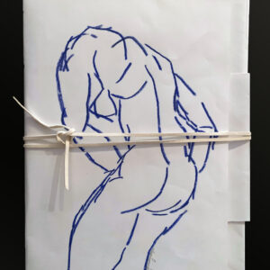Pieces of paper tied together with a string. On the cover there is a drawing of a person seen from the back bending down.
