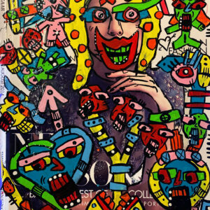 Graphic multi-colored drawings drawn on top of a magazine ad.
