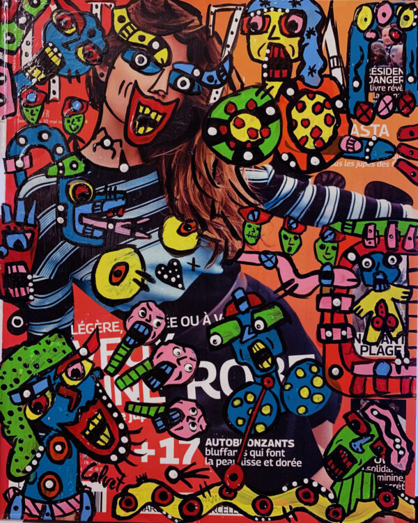 Graphic multi-colored drawings, with multiple snake-like figures and human faces, drawn on top of a magazine ad.