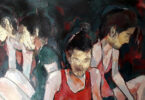 Four figures all sit with their backs facing the others against an abstracted dark background.