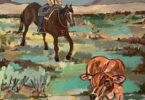 Painting of a cowboy on a horse in the background with a young calf in the foreground.