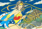 Drawing of Wonder Woman wielding a lasso with the Batmobile and Wayne Manor in the background.