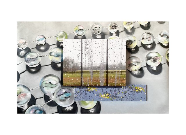 Images of clear balls on a chain, behind a window in the center of a rain soaked paddock and another image of rain on a mirror like surface  