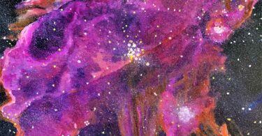Abstract image of the galaxy with a purple haze over a dark sky and lots o stars and planets.