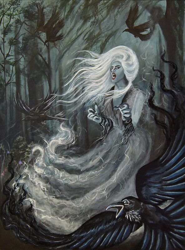 in a forest with towering black trees, a witch like woman with flowing white hair is wearing an animated long dress.  a black crow has its wings spread and mouth open.  