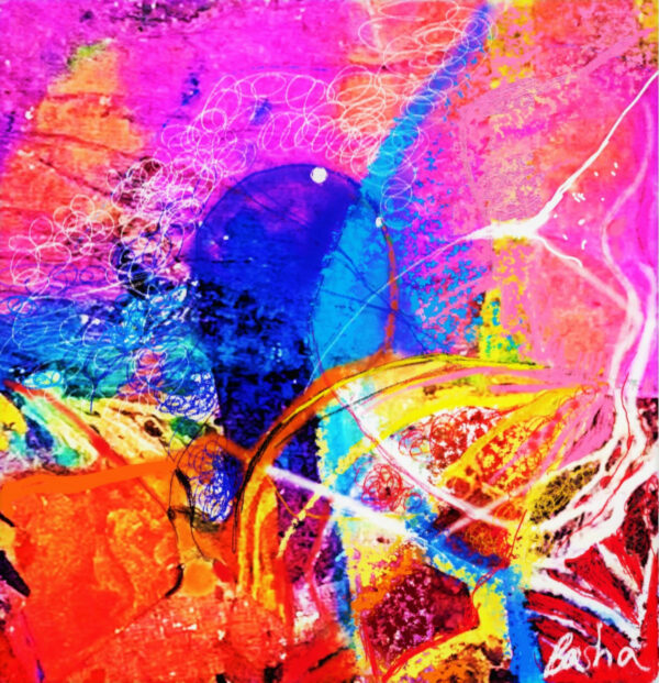very bright multi-colored abstract painting, with a leaf-like image in the center surrounded with swathes of color and asymmetric lines.